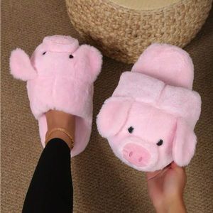 Plush Pink Pig Slippers Winter Warm Stuffed Animal Slippers for Women